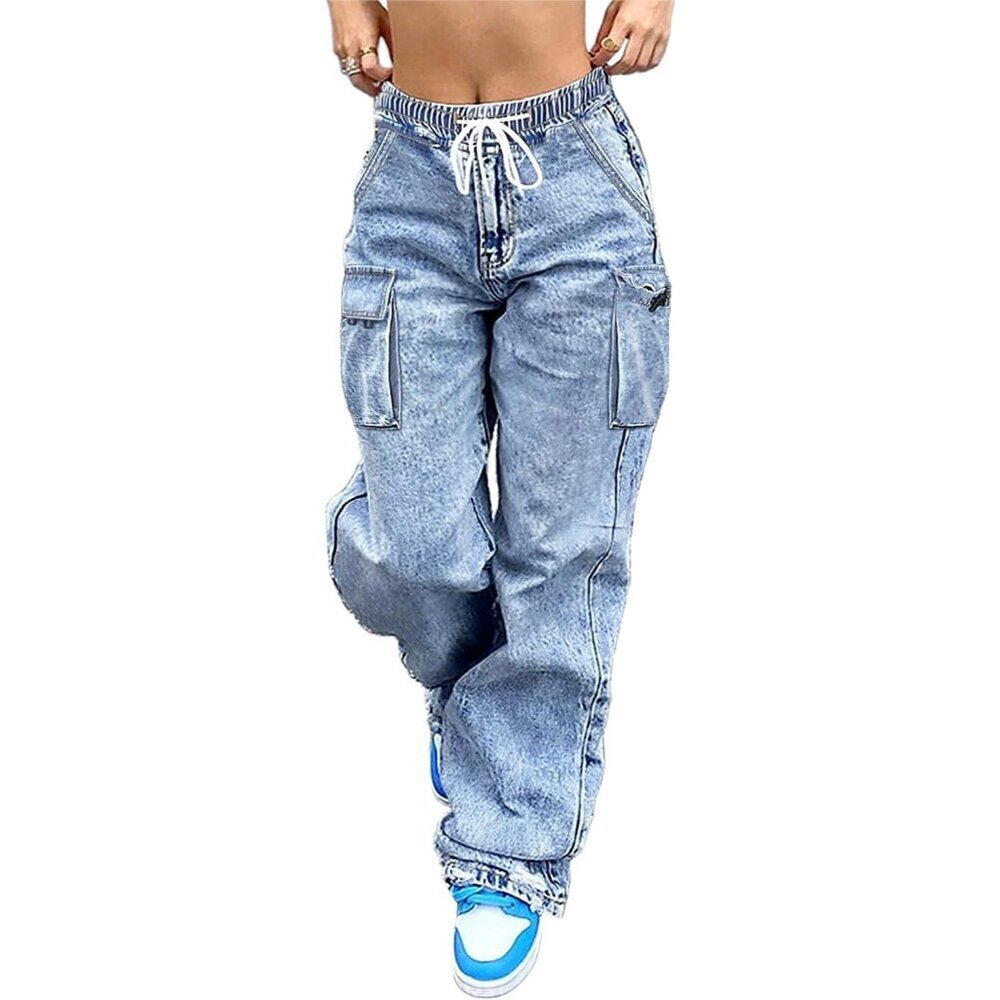 Women Cargo Jeans Elastic Waist Wide Leg Denim Plus Size Casual Pants